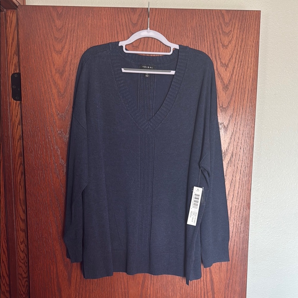 Tribal Navy Blue V-Neck Sweater Lightweight Knit